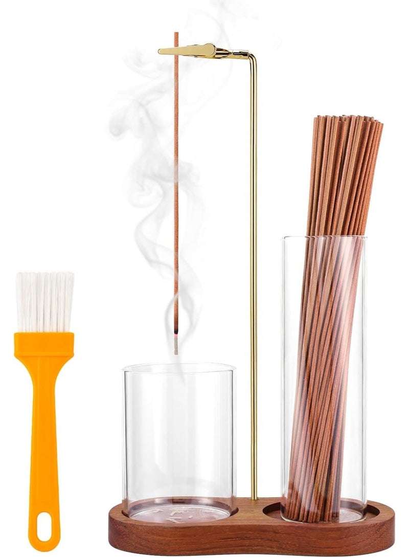 Nailuck 2 in 1 Incense Holder for Sticks with Glass Ash Catcher, Upside Down Anti-Ash Incense Stick Burner, Modern Vertical Incense Holder for Yoga, Spa, Meditation and Home Decor Brown - Image 1